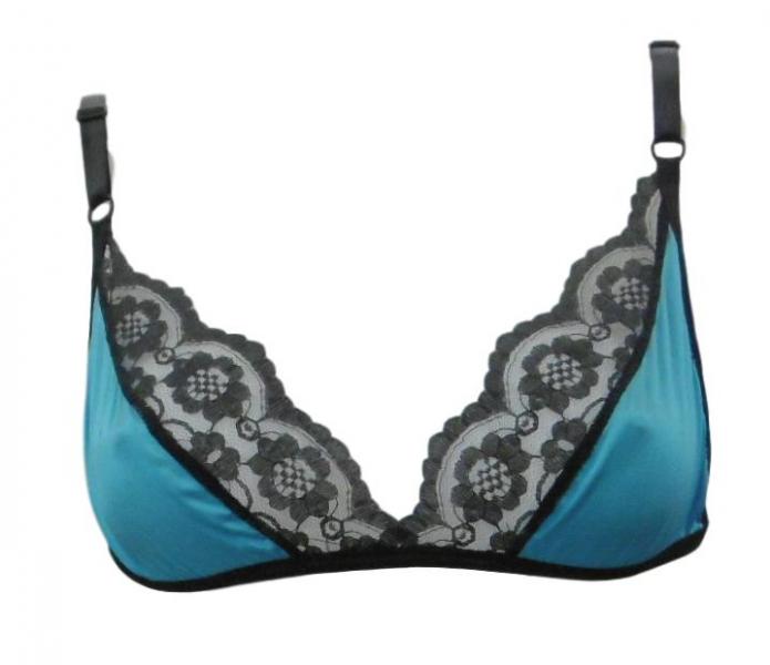 Turquoise satin and black lace bra